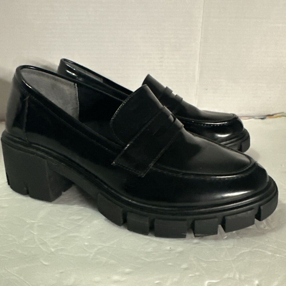 Crown Vintage Shoes Womens 9 M Lane Lugsole Penny Loafer Black Faux Leather - Picture 2 of 8